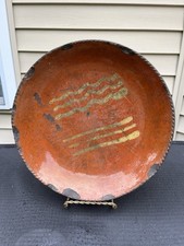 Antique Early 1800's Cog Edge Pennsylvania Redware Yellow Slip Pie Plate 9 3/4