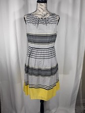 Talbots Petites Striped Fit and Flare Dress 6P Cotton Black White Yellow Summer picture