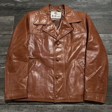 VTG 70s H & H LEATHER COGNAC BROWN LEATHER JACKET DISCO WESTERN SZ 42 BUTTON UP  picture