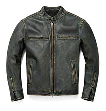 Cafe Racer Mens Genuine Sheepskin Motorcycle Leather Jacket Black Distressed picture