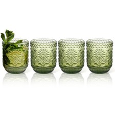 4 Pack Vintage Drinking Glass, 11.84 Oz Embossed Floral Drinkware Set for Whisky picture