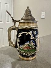 Vintage German Tübingen Beer Stein DBGM Pewter Lid Relief Ceramic 6.5” picture