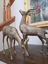 Vintage Large Brass Deer Pair Stag Buck Grazing Doe MCM Fallow Deer Figurines picture