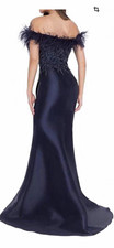 Terani Couture Women’s Sz 12 Navy Feather Trimmed Gown, NWT, never altered picture