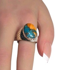 Boho 925 Sterling Silver Orange Spiny Oyster Blue Turquoise Ring   NWOT 8