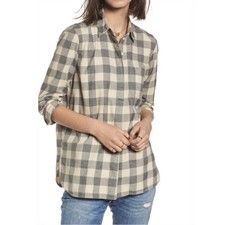 Madewell Classic Ex-Boyfriend Button-Back Grey Cream Buffalo Check Top Small picture
