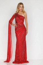 Terani Couture  Style 2012GL2390 RED Asymmetrical Beaded One Shoulder Cape Gown picture