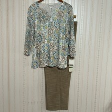 NWT Alfred Dunner Pants 16 Top Large Grandmacore Beige Floral NEW picture