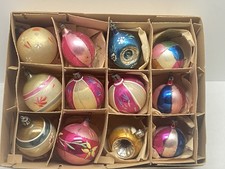 12 Vintage Poland Indent & Stencil Hand Painted Christmas Tree Ornaments in Box picture