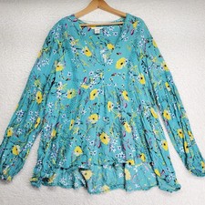 Indigo Thread Co Women's Gauzy Boho Top XL Blue Flared Crochet Gathered V-Neck picture