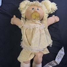 Vtg 1984 Cabbage Patch Kid Doll Blonde Hair Blue Eyes HM 1 Pacifier Yellow Dress picture