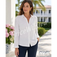 J McLaughlin Textured Blouse Womens Med White Button Front Stretch Top Classic picture