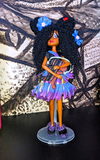 OOAK Flower Fairy Girl Fashion Doll With Stuffed Animal, Curly Black Hair, Stand picture