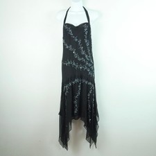 Scala Black Silk Beaded Gown Dress Handkerchief Hem Chiffon Fairy Goth Y2K L picture