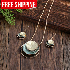 Women's Green Pendant Necklace & Earrings Set Round Alloy Jewelry Gift for Her picture