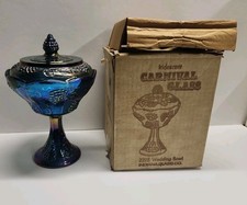 Vintage Indiana Glass Blue Carnival Glass Harvest Grape Wedding Bowl Lidded Box picture