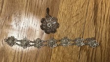 Vintage estate sterling silver filigree 3-D flower pendant bracelet matching set picture