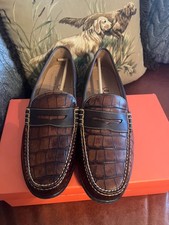 Martin Dingman Bill Penny Men 11 M Brown Alligator Grain Leather Loafers Shoes picture