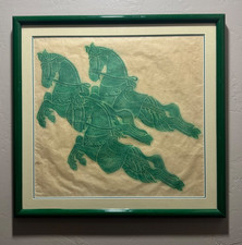 Vintage Thai Temple Rubbing 3 Horses Green Rice Paper Art Framed Mid Century MCM picture