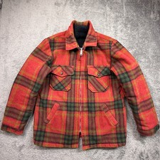 Vintage 70s Plaid Wool Jacket Mens L Red Green Talon Zip Fleece Lined USA Made picture