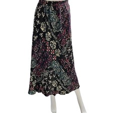 Vintage Carole Little Skirt Black Artsy Floral Scroll Maxi 24W Pull On Colorful picture