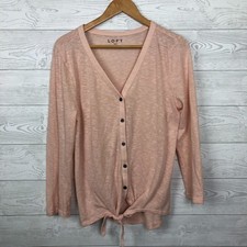 Ann Taylor LOFT Women's Large Button Front Knit Top Tie Waist V Neck 3/4 Sleeve picture
