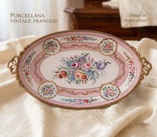 Antique French Limoges Sevres Style Porcelain Ormolu Tray Peint a la Main Roses picture