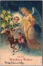 c1910s CHRISTMAS Postcard Jesus with Xmas Tree, Riding a Lamb - Angel / Glitter picture