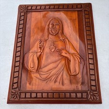Sacred Heart of Jesus 3D wood relief carving Mahogany Vintage picture