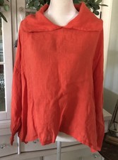 Medium HEYDARI Shirt Top Orange Breathable 100% LINEN Lagenlook Shawl-Collar L picture