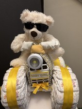 Handmade Four Wheeler Diaper Gift with Bear, Yellow Floral Bib, and Ribbon  picture