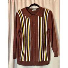 Coofandy Mens Vertical Stripe Button Down Knit Polo Large Retro Cabana Mod picture