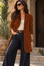Vtg Y2K J Jill Sz L Brown Corduroy Long Blazer Jacket Velvet Trim 100% Cotton picture