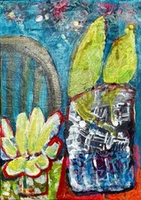 REAL PAINTING Two New Plants Abstract Art Mid-century Still Life Whimsical picture