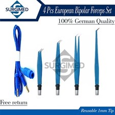 4 Pcs European Bipolar Forceps Set Curved 1mm Tips Reusable With Cord CE - USA picture