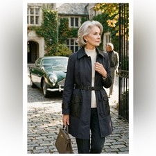 Theory Cedrica Coliseum Utilitarian Trench Coat Black Sz Medium Leather Accents picture