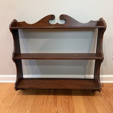 Vintage Wood Wall Shelf 3 Tier Colonial Revival Scroll Top Plate Curio Display picture