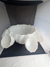 Vtg Hazel Atlas Milk Glass Alpine White Swirl Punch Bowl 12 Cups W Vtg Ladle picture