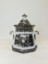 Antique W Adams & Sons Athens Mulberry Flow Black Lidded Sugar Bowl England picture