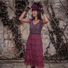 Vintage J. Peterman 100% Silk Dress – Black Lace & Burgundy Tiered Ruffle Dress  picture