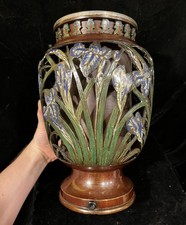 RARE Antique OPENWORK CUTOUT Japanese Cloisonne Iris Vase READ Reticulated picture