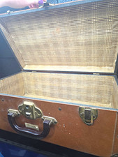 1950s True Vintage Brown Vinyl Hard-Sided Suitcase Luggage, Locking picture