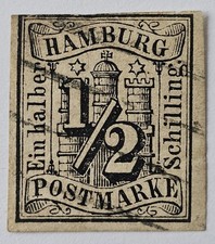 HAMBURG CLASSICS VERY RARE 1859 1/2s IMPERF VFU. SIGNED on BACK. €750. Mi 1 picture