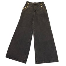 Free Market Womens Wide Leg Jeans Washed Black Gold Button Pockets Size Medium picture