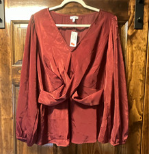 maurices Womens Burgundy V-Neck Long Sleeve Twist Front Pullover Blouse XL picture