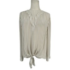 Chicos Tan White Striped Tie Front Roll Tab Sleeve Blouse Top Sz 2 L US 12 Beach picture
