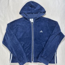 Vintage Adidas Velour Track Jacket Hoodie Large Blue White Full Zip Y2K Alt 90s picture