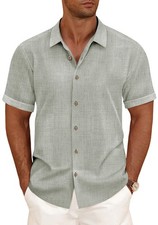 Men's Linen Blend Short Sleeve Button Down Shirt Breathable Casual Summer Beach picture