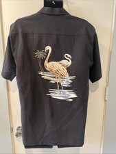 Vintage Tori Richard Mens M Black Silk Linen Camp Shirt Embroidered Flamingo picture