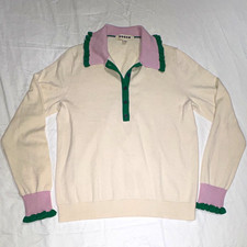 Boden Women's Ivory Knit Pullover Sweater Collared Button Placket Ruffle M picture